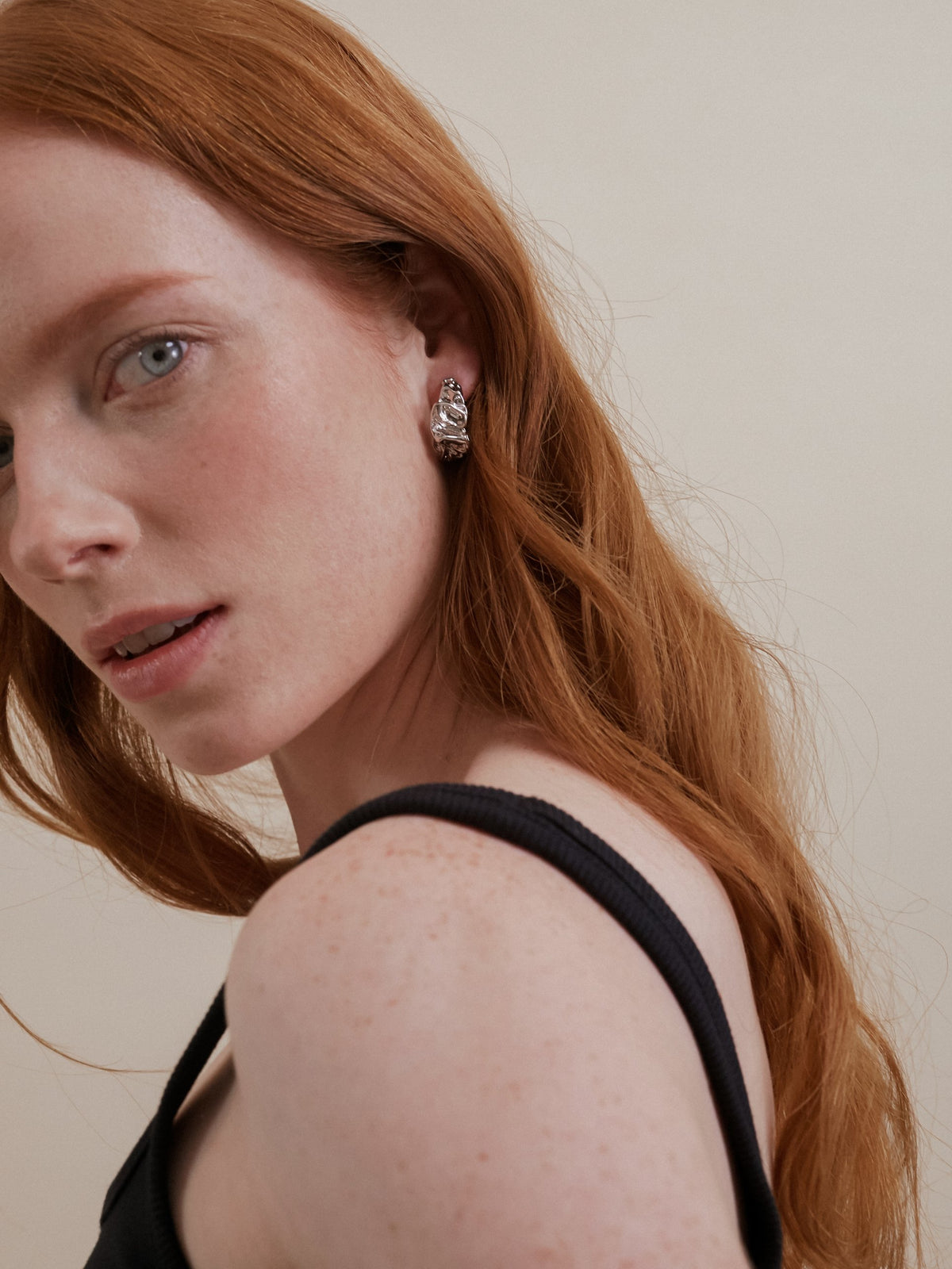 Cleo Molten Texture Open Hoop Earrings, worn by model