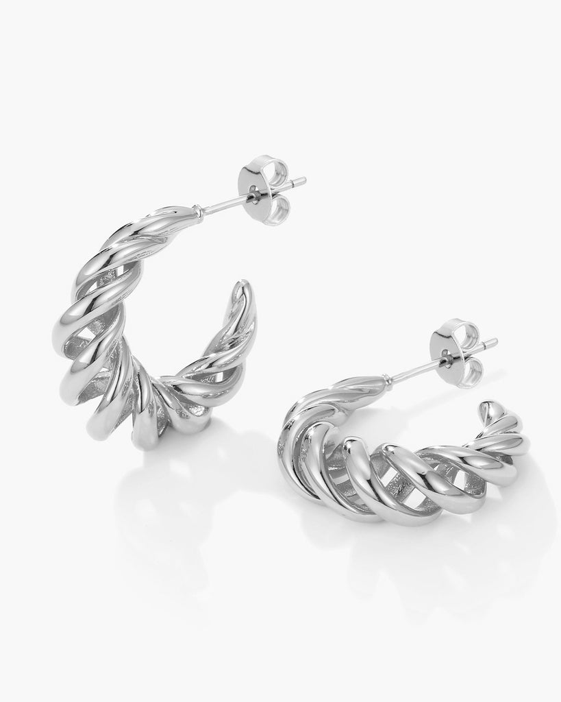 Ellie Twisted Hoop Crescent Stud Earrings - White Gold Plated - MAUDELLA 