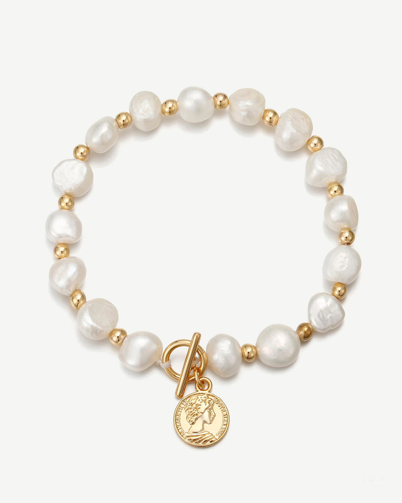 Florence Pearl Coin Bracelet - 18ct Gold Plated, White Gold Plated - MAUDELLA 