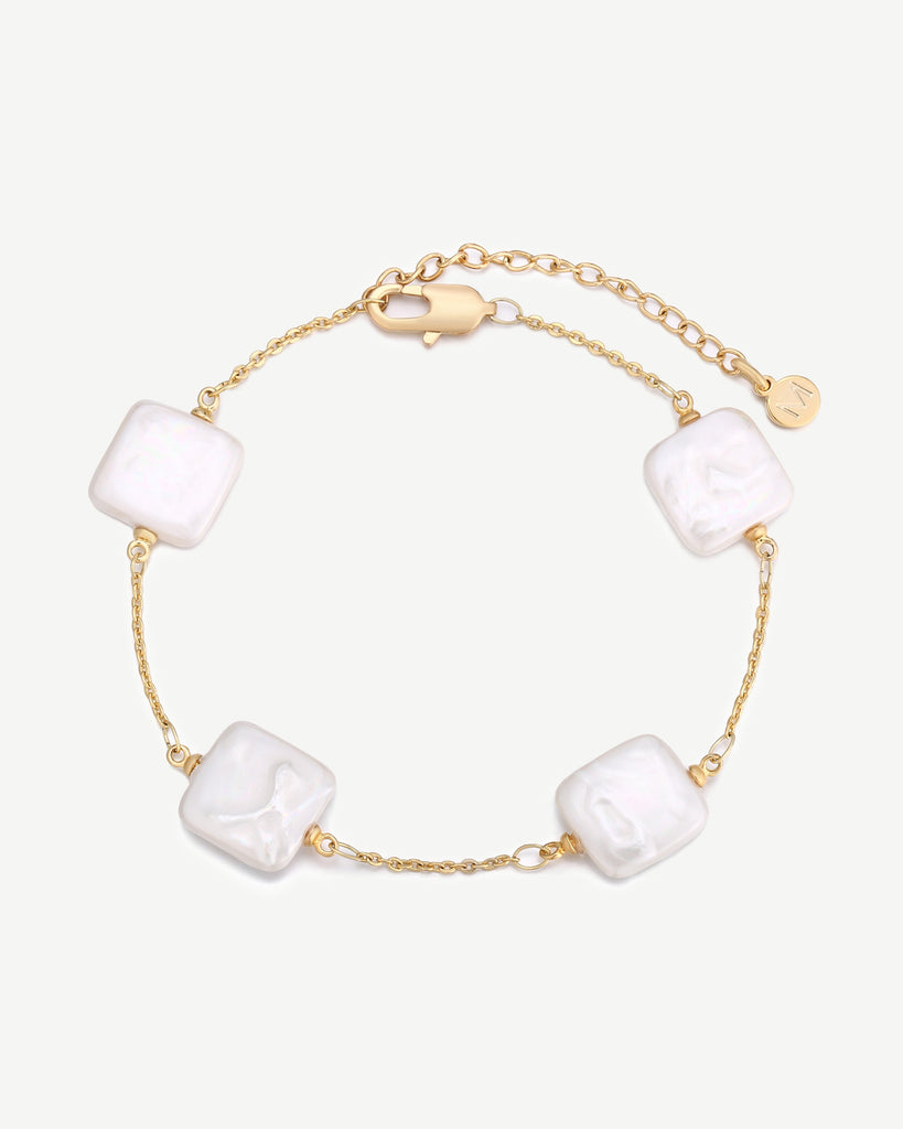 Hazel Square Pearl Chain Bracelet - 18ct Gold Plated, White Gold Plated - MAUDELLA 