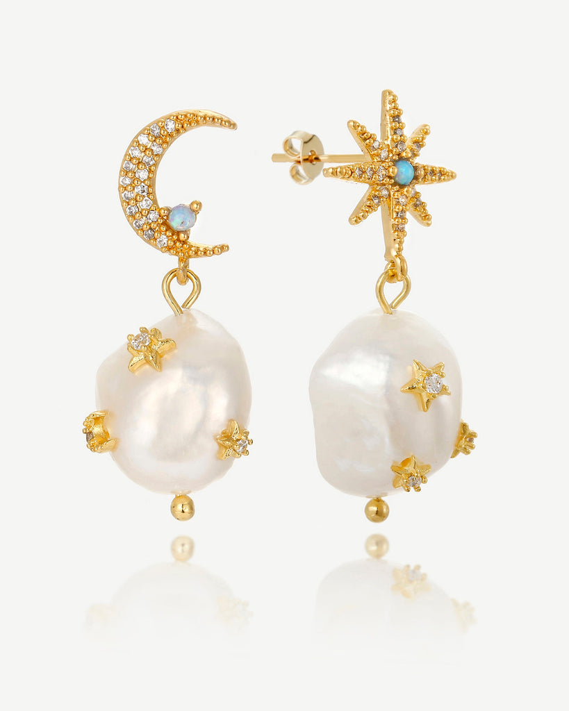 Laila Star & Moon Stud Earrings - 18ct Gold Plated, White Gold Plated - MAUDELLA 