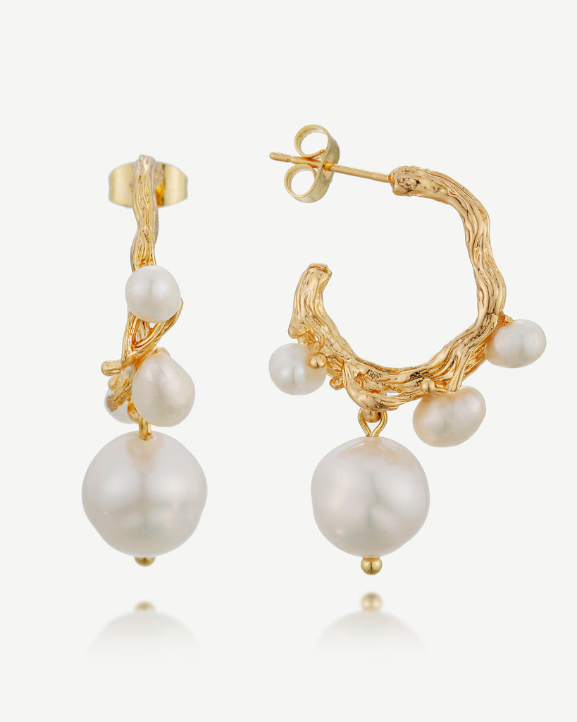 Lorelei Pearl Drop Hoop Earrings - 18ct Gold Plated - MAUDELLA 