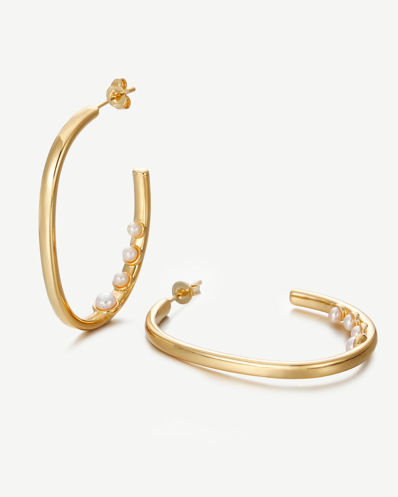 Maia Oval Pearl Hoop Earrings - White Gold Plated, 18ct Gold Plated - MAUDELLA 