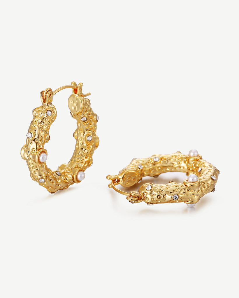 Taylor Textured Pearl Hoop Earrings - 18ct Gold Plated, White Gold Plated - MAUDELLA 