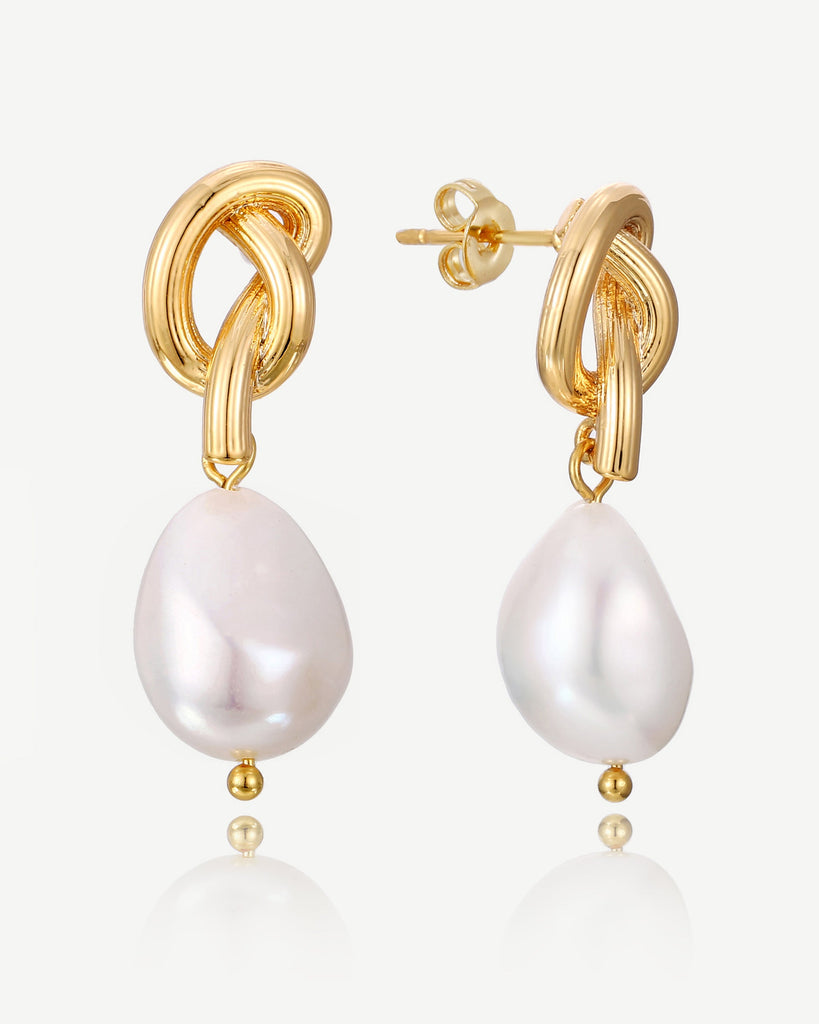 Zara Knot Pearl Drop Stud Earrings - 18ct Gold Plated, White Gold Plated - MAUDELLA 