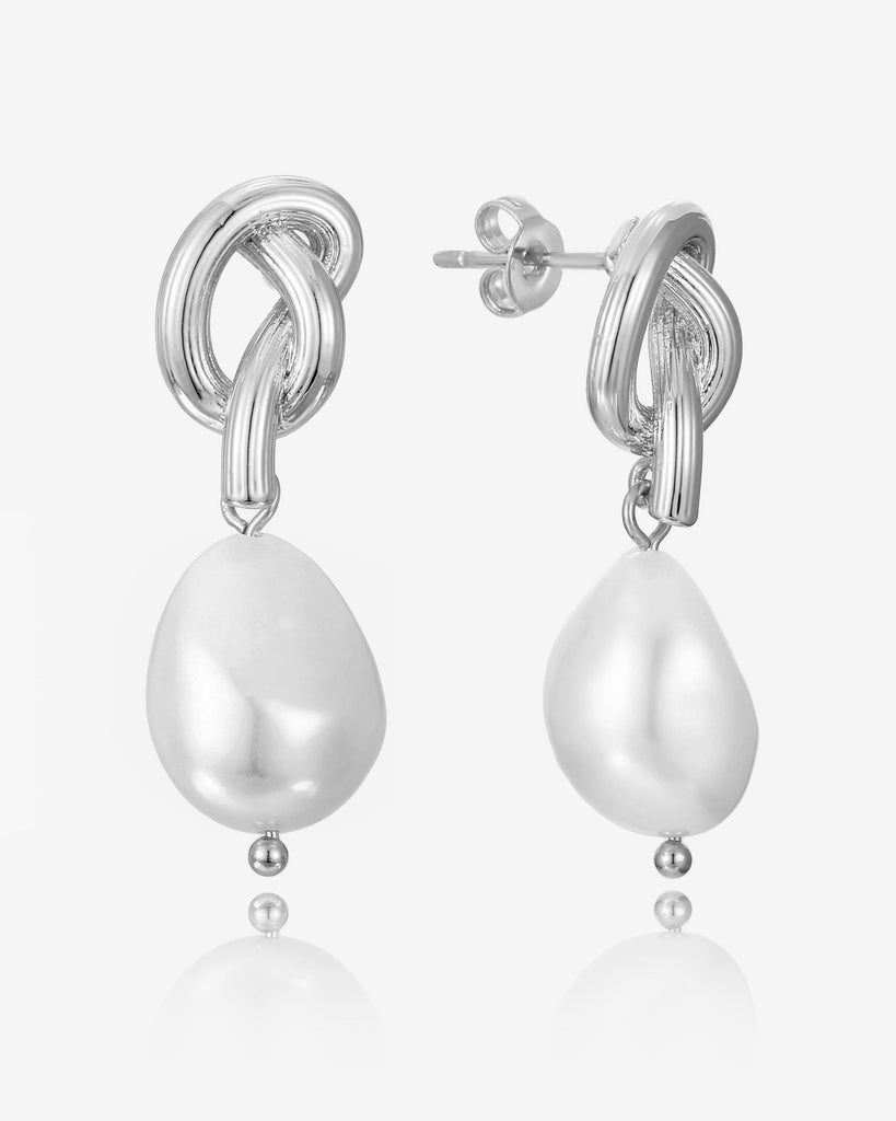 Zara Knot Pearl Drop Stud Earrings - 18ct Gold Plated, White Gold Plated - MAUDELLA 